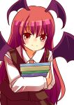  1girl bat_wings book fumikiri_(dake_no_hito) head_wings highres holding holding_book koakuma leaning_forward long_hair looking_at_viewer low_wings red_eyes red_hair simple_background smile solo stack touhou vest white_background wings 