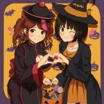  2girls alternate_costume amagami bangs black_hair blush bob_cut breasts brown_eyes brown_hair candy cleavage_cutout clothing_cutout food halloween hat heart heart_hands highres long_sleeves looking_at_viewer multiple_girls nakata_sae nervous one_eye_closed ranmaru_(cmkd7735) short_hair smile tachibana_miya twintails witch witch_hat 