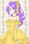  1girl bare_shoulders breasts closed_mouth collarbone dress faris_scherwiz final_fantasy final_fantasy_v floral_background green_eyes hair_ornament jewelry long_hair looking_at_viewer necklace non_(nonbiriya_mini) purple_hair solo yellow_dress 