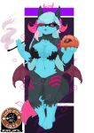  2022 absurd_res anthro arts black_nose black_sclera breasts cafe_arts canid canine digital_media_(artwork) feet female food fox fruit halloween hi_res holidays humanoid mammal navel open_mouth pink_eyes plant pumpkin simple_background sky_sly sly_(sky_sly) smoking solo succubus 