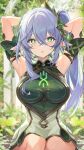  1girl aged_up alternate_breast_size armpits arms_up bangs blush breasts catsmoon cleavage crossed_bangs dress genshin_impact green_dress green_eyes grey_hair hair_ornament highres large_breasts long_hair looking_at_viewer nahida_(genshin_impact) parted_lips pointy_ears side_ponytail sitting solo symbol-shaped_pupils 