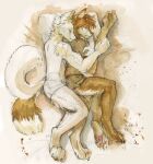  2022 akatan_art anthro bedding bedding_background brown_body brown_fur brown_hair canid canine cheek_tuft clothed clothing cuddling dated dipstick_tail duo eyes_closed facial_tuft fox fur hair hi_res lying male mammal markings neck_tuft on_side pawpads red_pawpads short_hair shoulder_tuft side_view signature tail_markings topless tuft white_body white_fur 