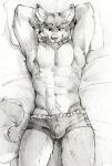  akatan_art anthro bedding bedding_background bulge canid canine canis cheek_tuft clothed clothing facial_tuft fangs front_view greyscale hi_res looking_at_viewer lying male mammal monochrome navel on_back open_mouth portrait solo three-quarter_portrait tongue tongue_out topless tuft underwear unsigned wolf 