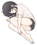  1girl 1ssakawaguchi arm_up ass barefoot black_hair black_shorts blush closed_eyes commentary_request full_body highres lying on_side original shirt short_shorts short_sleeves shorts simple_background solo white_background white_shirt 