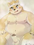  2022 absurd_res anthro balls belly blush canid canine canis censored domestic_dog erection genitals hi_res humanoid_genitalia humanoid_hands humanoid_penis kemono male mammal moobs musashi_(tamacolle) navel nipples overweight overweight_male penis sitting solo steam tamacolle zuboboz 