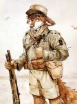  akatan_art ambient_bird ambiguous_gender anthro avian bird black_nose bottomwear brown_body brown_fur brown_hair canid canine cheek_tuft clothed clothing ears_back facial_tuft feral fur glistening glistening_eyes glistening_nose green_clothing green_topwear group gun hair hi_res holding_gun holding_object holding_weapon looking_at_viewer male mammal outside pivoted_ears portrait ranged_weapon short_hair shorts sky smile solo_focus standing tan_bottomwear tan_clothing tan_shorts three-quarter_portrait topwear tuft unsigned weapon white_body white_fur 