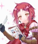  1girl blush closed_mouth dress fire_emblem fire_emblem:_three_houses fire_emblem_warriors:_three_hopes hair_ornament long_hair long_sleeves looking_at_viewer monica_von_ochs official_alternate_costume official_alternate_hairstyle red_eyes red_hair rein_rise short_hair simple_background smile solo upper_body 