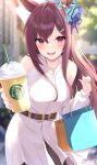  1girl absurdres alternate_costume bag belt black_hair blurry blurry_background blush casual commentary_request drink hair_between_eyes hair_ornament highres horse_girl long_hair looking_at_viewer mejiro_dober_(umamusume) open_mouth paper_bag purple_eyes solo umamusume zeatto 