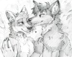  &lt;3 akatan_art anthro back_tuft bodily_fluids canid canine canis cheek_tuft chest_tuft dripping duo ear_piercing ear_ring facial_tuft fangs fox glistening glistening_eyes greyscale hair head_tuft hi_res licking licking_another male mammal messy_hair monochrome neck_tuft nude one_eye_closed piercing ring_piercing saliva saliva_drip short_hair shoulder_tuft side_view simple_background three-quarter_view tongue tongue_out traditional_media_(artwork) tuft unsigned wolf 