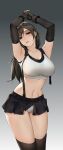  1girl absurdres arched_back armpits arms_up black_gloves black_hair black_skirt black_thighhighs bozaigao_x breasts cleavage collarbone elbow_gloves final_fantasy final_fantasy_vii final_fantasy_vii_remake fingerless_gloves gloves highres large_breasts long_hair looking_at_viewer navel own_hands_together panties parted_lips red_eyes simple_background skirt solo suspender_skirt suspenders tank_top thighhighs tifa_lockhart torn_clothes torn_skirt underwear white_panties white_tank_top 
