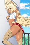  1girl against_wall ahoge animal_print arched_back armlet ass bangs black_panties blonde_hair blue_sky blurry blurry_background bra breasts cloud come_hither commentary commission dark-skinned_female dark_skin day dress_shirt english_commentary feathered_wings gyaru hair_between_eyes hair_ornament hairclip harpy highres leopard_print lindaroze medium_breasts microskirt monster_girl monster_musume_no_iru_nichijou navel_piercing outdoors panties papi_(monster_musume) patreon_username piercing print_bra red_skirt scales shirt skirt sky solo standing standing_on_one_leg thighs tied_shirt tongue tongue_out twisted_torso twitter_username underwear watermark web_address white_shirt winged_arms wings yellow_eyes 