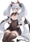  1girl absurdres animal_ear_fluff animal_ear_legwear animal_ears azur_lane black_choker black_dress black_nails black_ribbon black_scrunchie black_tail black_thighhighs black_wings blush breasts cat_ears choker cleavage closed_mouth collarbone commentary_request covered_navel demon_tail demon_wings dress eyes_visible_through_hair fake_animal_ears hair_over_one_eye hair_ribbon halloween_costume highres holding holding_hair janus_(azur_lane) janus_(fright-night_scaredy-cat)_(azur_lane) long_hair looking_at_viewer medium_breasts nail_polish official_alternate_costume raised_eyebrows ribbon scrunchie see-through shibuya_(kurokamishain) simple_background sitting skindentation smile solo sweatdrop tail thighhighs thighs torn_clothes torn_dress torn_legwear twintails very_long_hair white_background white_hair wings wrist_scrunchie zettai_ryouiki 