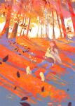  1girl autumn autumn_leaves bird blue_pants closed_eyes forest highres leaf long_hair long_sleeves nature original outdoors pants penguin scenery shadow shirt sunset tabi_(tabisumika) white_footwear white_shirt 