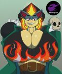  berettiger26 big_breasts bone breasts cleavage clothed clothing cosplay dr._livesey female fully_clothed generation_2_pokemon hi_res huge_breasts looking_down nintendo pokemon pokemon_(species) quilava red_eyes shawna_(sandslash) skull smile smirk solo video_games 