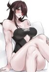  1girl armpit_crease armpits beidou_(genshin_impact) black_dress blush breasts brown_hair cleavage couch crossed_legs dress eyepatch feet_out_of_frame genshin_impact large_breasts on_couch parted_lips red_eyes sitting sleeveless sleeveless_dress thick_thighs thighs tommy_(kingdukeee) 