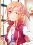  1girl armor asuna_(sao) asymmetrical_bangs bangs blurry blurry_background braid breastplate brown_eyes brown_hair closed_mouth collarbone collared_vest high_collar indoors long_sleeves looking_at_viewer red_vest rei_k_79 shirt short_ponytail sidelocks smile solo sword_art_online sword_art_online_progressive upper_body vest white_shirt window 