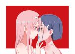  2girls artagain bare_shoulders blue_eyes border darling_in_the_franxx eye_contact green_eyes grey_hair highres ichigo_(darling_in_the_franxx) imminent_kiss long_hair looking_at_another multiple_girls nude open_mouth pink_hair portrait profile red_background shiny shiny_hair shiny_skin short_hair white_border yuri zero_two_(darling_in_the_franxx) 