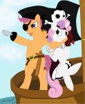  2016 bandanna belt clenched_teeth clothing dress duo equid equine eye_patch eye_scar eyewear facial_scar female feral flag friendship_is_magic hasbro hi_res hook hook_hand horn horse jimfoxx kerchief looking_at_another mammal mane my_little_pony open_mouth outside pegasus pirate pirate_outfit pony practice_sword scar scootaloo_(mlp) standing_on_hind_legs sweetie_belle_(mlp) teeth unicorn unicorn_horn wings wooden_sword 