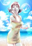  1girl beach breasts brown_hair bubble_blowing cloud dated dress final_fantasy final_fantasy_viii flipped_hair green_eyes highres looking_at_viewer non_(nonbiriya_mini) ocean selphie_tilmitt short_hair skirt solo yellow_dress zipper_dress 