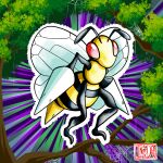  antennae artist_logo artist_name bee bee_print bee_wings beedrill branch bug colored_skin compound_eyes full_body highres inker_dog leaf monster no_humans outline pokemon pokemon_(creature) pokemon_(game) purple_background red_eyes self_upload silk solo spider_web stinger tree white_outline yellow_skin 