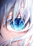  1girl 58_(opal_00_58) absurdres aqua_eyes bangs blue_eyes close-up colored_eyelashes commentary dragon_girl eye_focus eyelashes gradient_eyes gradient_hair grey_hair highres looking_at_viewer multicolored_eyes multicolored_hair original scales slit_pupils solo 