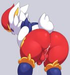  2022 balls bodily_fluids butt cinderace cum cum_in_ass cum_inside fur generation_8_pokemon genital_fluids genitals hi_res lagomorph male mammal nintendo penis pokemon pokemon_(species) pururing rear_view simple_background video_games white_body white_fur 