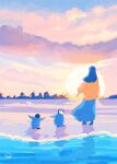  1girl bird blue_hair blue_skirt cloud day facing_away highres long_skirt ocean original outdoors penguin scenery shadow skirt sky standing sunrise tabi_(tabisumika) 