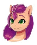  bust_portrait digital_media_(artwork) earth_pony equid equine eyebrows female feral green_eyes hair happy hasbro horse long_hair mammal mlp_g5 my_little_pony orange_body plusplus_pony pony portrait purple_hair simple_background smile solo sunny_starscout_(mlp) white_background 