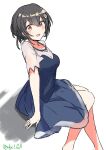  1girl absurdres black_hair blue_dress dress hair_bun hair_flaps highres jingei_(kancolle) kantai_collection long_hair official_alternate_costume one-hour_drawing_challenge red_eyes robinson_(day_l_full) short_sleeves simple_background sitting solo white_background 
