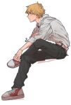  1boy baggy_clothes black_necktie black_pants blonde_hair chainsaw_man collared_shirt crossed_legs denji_(chainsaw_man) from_side highres looking_to_the_side necktie pants red_footwear shirt shoes short_hair simple_background sleeves_rolled_up sneakers solo tasuketemama white_background white_shirt 
