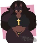  absurd_res anthro big_breasts big_ears black_clothing black_panties black_underwear breasts brown_body brown_fur brown_hair canid canine canis clothed clothing cross digital_media_(artwork) dog_ears domestic_dog female flat_colors fur gesture hair hi_res huge_breasts laverne_(sssonic2) long_hair looking_at_viewer mammal mature_female nun panties shirt skimpy smile snowyblue1 solo stretched_clothing thick_thighs topwear underwear unfinished watermark waving waving_at_viewer waving_hand yellow_eyes 