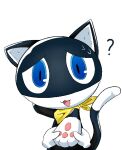  a_midnight_cat anthro atlus bandanna black_body black_fur blue_eyes bodily_fluids confusion dipstick_tail disembodied_hand domestic_cat duo felid feline felis fur kerchief looking_at_viewer male mammal markings mask megami_tensei megami_tensei_persona morgana_(persona) open_mouth paw_grab pawpads paws question_mark simple_background solo_focus sweat sweatdrop tail_markings video_games white_background white_body white_fur 