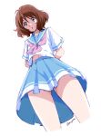  1girl :o arms_behind_back bangs blue_sailor_collar blue_skirt brown_eyes brown_hair from_below hibike!_euphonium highres kitauji_high_school_uniform kotomozou looking_down midriff_peek neckerchief open_mouth oumae_kumiko pink_neckerchief pleated_skirt sailor_collar school_uniform serafuku shirt short_hair short_sleeves simple_background skirt solo standing uniform white_background white_shirt 