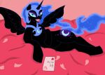  2016 armor bedroom_eyes black_body candy card cutie_mark dessert equid equine fangs female feral flower_petals food friendship_is_magic half-closed_eyes hasbro headgear helmet holidays hooves horn horse jimfoxx looking_at_viewer lying mammal my_little_pony narrowed_eyes nightmare_moon_(mlp) on_side open_mouth petals pony rose_petals seductive smile smiling_at_viewer solo text tongue unicorn_horn valentine&#039;s_day winged_unicorn wings 