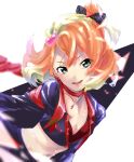  1girl :d animaruyokotyou bangs black_bow blonde_hair bow breasts choker cleavage crop_top freyja_wion green_eyes hair_between_eyes hair_bow hair_ornament head_tilt heart heart_hair_ornament long_hair looking_at_viewer macross macross_delta midriff multicolored_hair navel one_side_up open_mouth orange_hair red_choker shiny shiny_hair small_breasts smile solo stomach two-tone_hair upper_body white_background 
