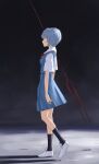  1girl absurdres ayanami_rei black_socks blue_dress closed_mouth dress e_ga_ku full_body grey_hair highres kneehighs lance_of_longinus neck_ribbon neon_genesis_evangelion profile red_eyes red_ribbon ribbon school_uniform shirt short_dress short_hair sleeveless sleeveless_dress socks solo walking white_footwear white_shirt 