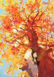  1girl animal autumn autumn_leaves bird black_hair day from_below gloves highres holding holding_animal looking_up original outdoors penguin red_gloves scarf standing tabi_(tabisumika) tree white_scarf 