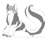  ambiguous_gender anthro big_tail black_body black_fur blue_eyes blush butt fur hair hi_res kneeling looking_at_viewer mammal mephitid paws sakamata simple_background sitting skunk slightly_chubby smile solo white_background white_body white_fur 