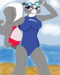  2016 anthro ball beach beach_ball breasts clenched_teeth clothing eyewear eyewear_on_head female fur goggles goggles_on_head hasbro hi_res holding_beach_ball holding_object inflatable jimfoxx littlest_pet_shop looking_at_viewer mammal mephitid navel outside pepper_clark raised_tail seaside signature skunk smile smiling_at_viewer solo swimming_goggles swimwear teeth wide_eyed 