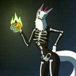  5_fingers anthro biped black_lips blue_eyes breasts clothed clothing colored_nails female fingers fur green_nails hi_res holding_object horn lips looking_at_viewer monster nails pumkin pupils simple_background skeleton_costume skinny slit_pupils solo sweetmeat synx white_body white_fur 