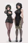  2girls absurdres bad_hands bangs black_dress black_footwear black_hair black_pantyhose black_shirt black_skirt blue_eyes breasts china_dress chinese_clothes cleavage cleavage_cutout closed_mouth clothing_cutout commentary covered_navel dress english_commentary frills full_body green_eyes hand_in_own_hair high_heels highres holding_hands large_breasts long_sleeves looking_at_viewer medium_hair multiple_girls original pantyhose parted_bangs parted_lips puffy_long_sleeves puffy_sleeves shirt side_slit skirt sleeveless sleeveless_dress smile standing swept_bangs tezy8art white_background 