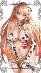  1girl animal_ears animal_print azur_lane bare_shoulders bell bikini bikini_top_only blonde_hair blush border bottle bottomless braid breasts cleavage closed_mouth cow_ears cow_horns cow_print cowbell cowboy_shot detached_collar elbow_gloves fake_animal_ears fake_horns gloves green_eyes hairband highres holding holding_bottle horns howe_(azur_lane) large_breasts long_hair looking_at_viewer neck_bell shizuko_hideyoshi side_braid simple_background smile solo swimsuit thigh_strap very_long_hair white_background white_hairband 