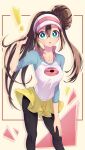  ! 1girl absurdres black_pantyhose blush bow breasts bright_pupils brown_hair collarbone commentary_request framed green_eyes hair_bun highres katuobushi04 legwear_under_shorts long_hair looking_at_viewer pantyhose pink_bow pokemon pokemon_(game) pokemon_bw2 raglan_sleeves rosa_(pokemon) shirt short_shorts shorts single_hair_bun solo sweatdrop very_long_hair visor_cap white_pupils yellow_shorts 