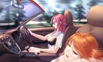  2girls ahoge bikini black_bikini blue_eyes blurry blurry_background breasts car cleavage closed_eyes commentary_request convertible driving fate/grand_order fate_(series) francis_drake_(fate) fujimaru_ritsuka_(female) ground_vehicle highres large_breasts long_hair midriff motor_vehicle multiple_girls orange_hair pink_hair rayu_(snowwhite_ki) rear-view_mirror saint_quartz_(fate) scar scar_on_face shirt short_hair side_ponytail sitting sleeping swimsuit t-shirt tied_shirt white_shirt 