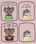  anthro clothed clothing comic domestic_cat dot_eyes duo facial_tuft fangs felid feline felis female halloween_costume head_tuft hi_res hoodie humor hyaenid implied_oral kingparked male male/female mammal open_mouth talking_to_another topwear tuft vampire 