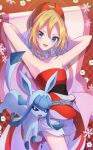  1girl :d armpits arms_behind_head blonde_hair blue_eyes bracelet commentary glaceon hairband head_tilt highres irida_(pokemon) jewelry katuobushi04 looking_at_viewer medium_hair open_mouth pokemon pokemon_(creature) pokemon_(game) pokemon_legends:_arceus presenting_armpit sash shirt shorts smile snowflakes strapless strapless_shirt symbol-only_commentary white_shorts 