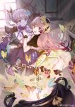  2girls atelier_(series) atelier_lydie_&amp;_suelle blush bow bowtie breasts bug butterfly cauldron cleavage detached_sleeves gloves hair_ornament hairband highres long_hair lydie_marlen multiple_girls open_mouth panties pink_eyes pink_hair short_hair siblings side_ponytail single_detached_sleeve sisters skirt small_breasts suelle_marlen thighhighs twins underwear white_panties yellow_bow zikai_bai 
