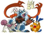  anthro bandai_namco blue_body blue_fur claws clothing digimon digimon_(species) dogmon feral fur gaogamon gloves grouo handwear labramon orange_body orange_fur portugueselynx quadruped salamon sharp_teeth simple_background teeth tongue toony white_background white_body white_fur 