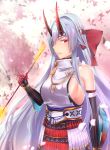  1girl armor arrow_(projectile) bow breasts cherry_blossoms commentary_request detached_sleeves fate/grand_order fate_(series) flaming_arrow gloves grey_hair hair_between_eyes hair_bow headband highres holding holding_arrow horns horns_through_headwear japanese_armor kusazuri large_breasts long_hair looking_at_viewer mochidayo_(lovefate999) oni_horns red_bow red_eyes red_gloves sideboob solo tomoe_gozen_(fate) very_long_hair white_headband 
