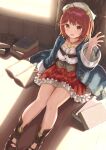  1girl absurdres atelier_(series) atelier_sophie atyao-299 book breasts brown_eyes coat frills hair_ornament highres jewelry long_sleeves looking_at_viewer medium_breasts necklace on_floor open_mouth red_hair short_hair skirt smile solo sophie_neuenmuller 